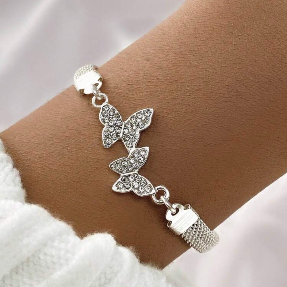 Elegant Silver Rhinestone Butterfly Bracelet
